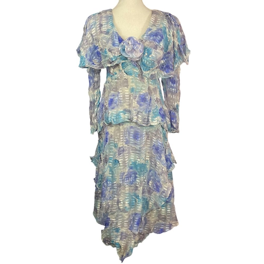 100% Silk Layered Dress S Vintage Long Sleeve Rosette Flowy V-Neck Blue Gray